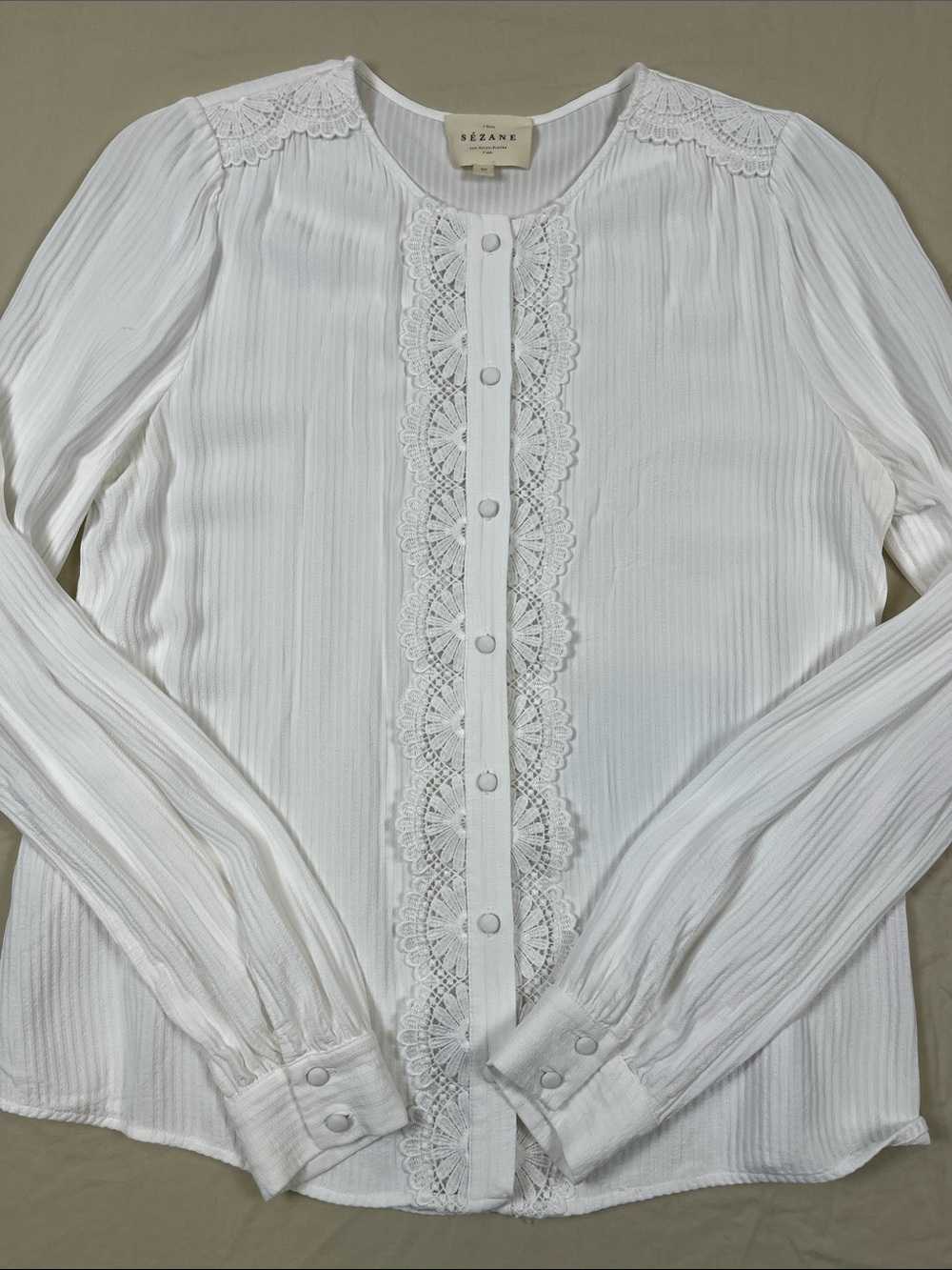 Sézane White Lace Trim Button Front Blouse Romantic French Parisian Size 36 (4)